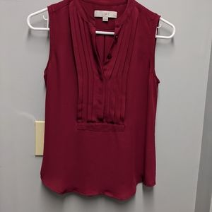 Loft Burgundy sleeveless blouse 17 1/2" PTP pleats buttons flowy Christmas